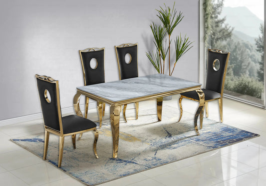Salle à manger marbre gris chaises simili-cuir noir doré - NEO New Design