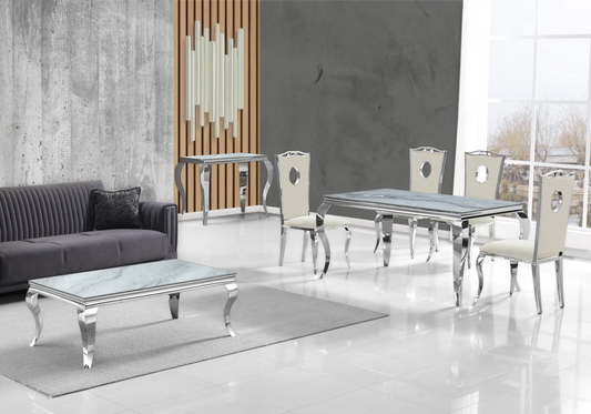Salle à manger marbre gris chaises velours beige argent - NEO New Design