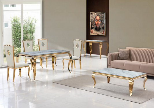 Salle à manger marbre gris chaises velours beige doré - NEO New Design