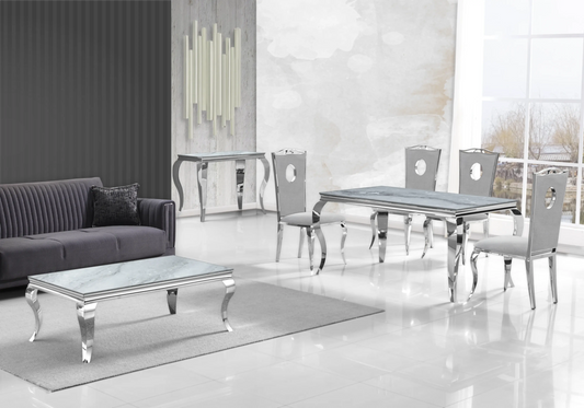 Salle à manger marbre gris chaises velours gris argent - NEO New Design