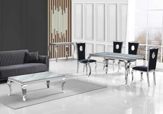 Salle à manger marbre gris chaises velours noir argent - NEO New Design