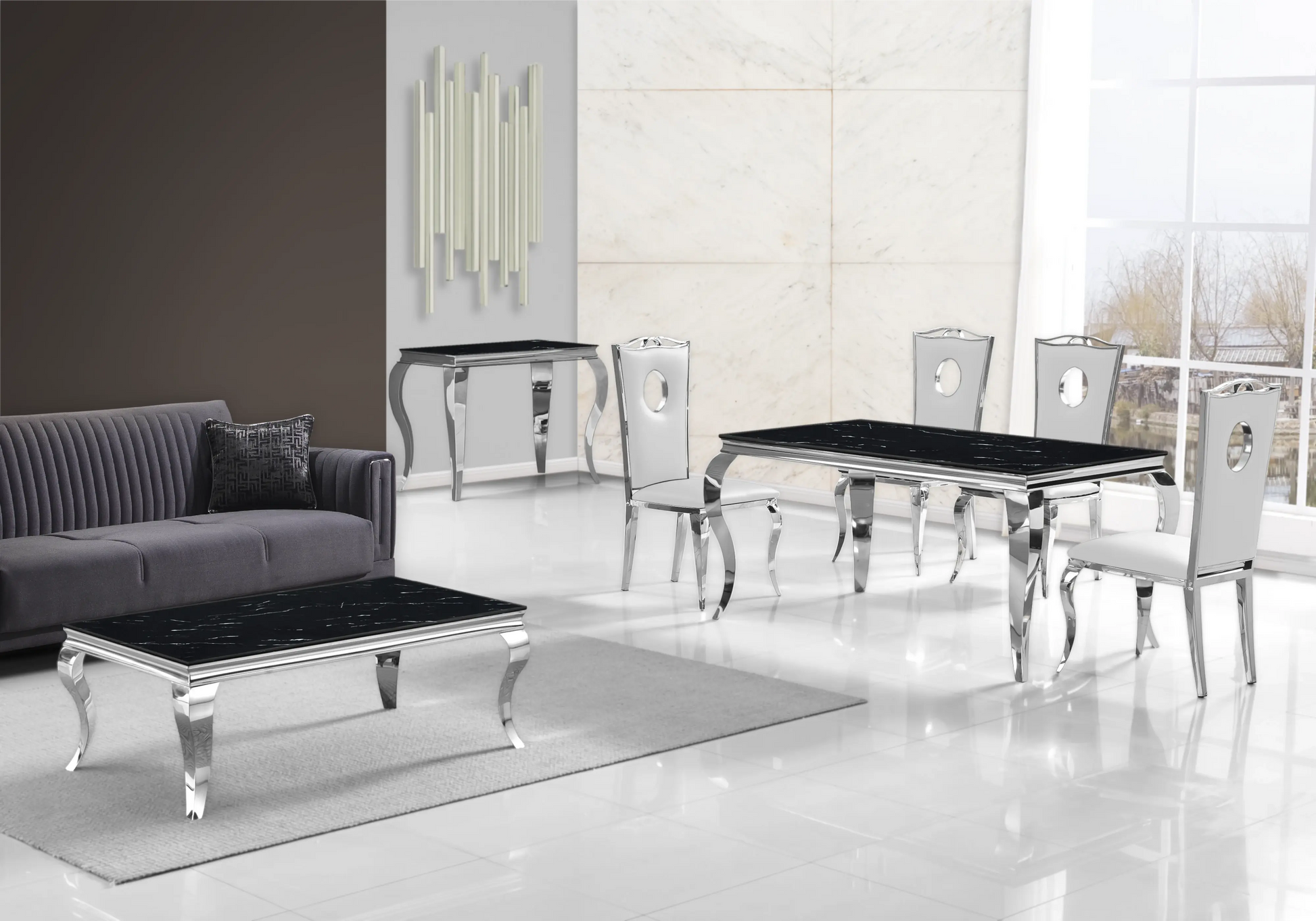 Salle à manger marbre noir chaises simili-cuir blanc argent - NEO New Design