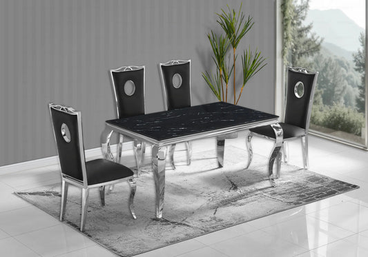 Salle à manger marbre noir chaises simili-cuir noir argent - NEO New Design