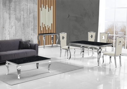 Salle à manger marbre noir chaises velours beige argent - NEO New Design