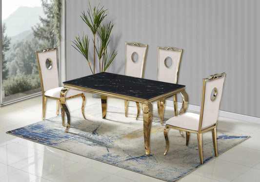 Salle à manger marbre noir chaises velours beige doré - NEO New Design
