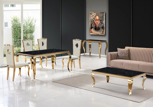 Salle à manger marbre noir chaises velours beige doré - NEO New Design