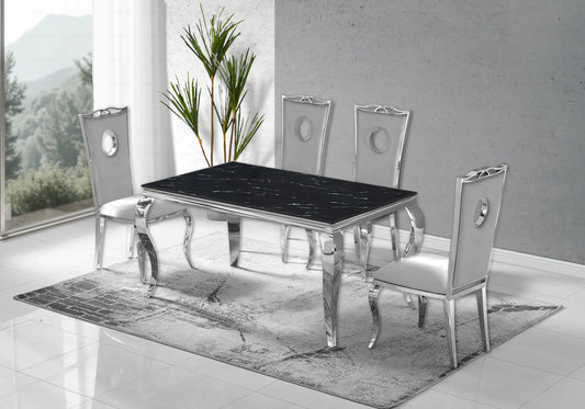 Salle à manger marbre noir chaises velours gris argent - NEO New Design