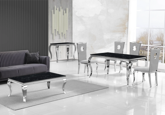 Salle à manger marbre noir chaises velours gris argent - NEO New Design