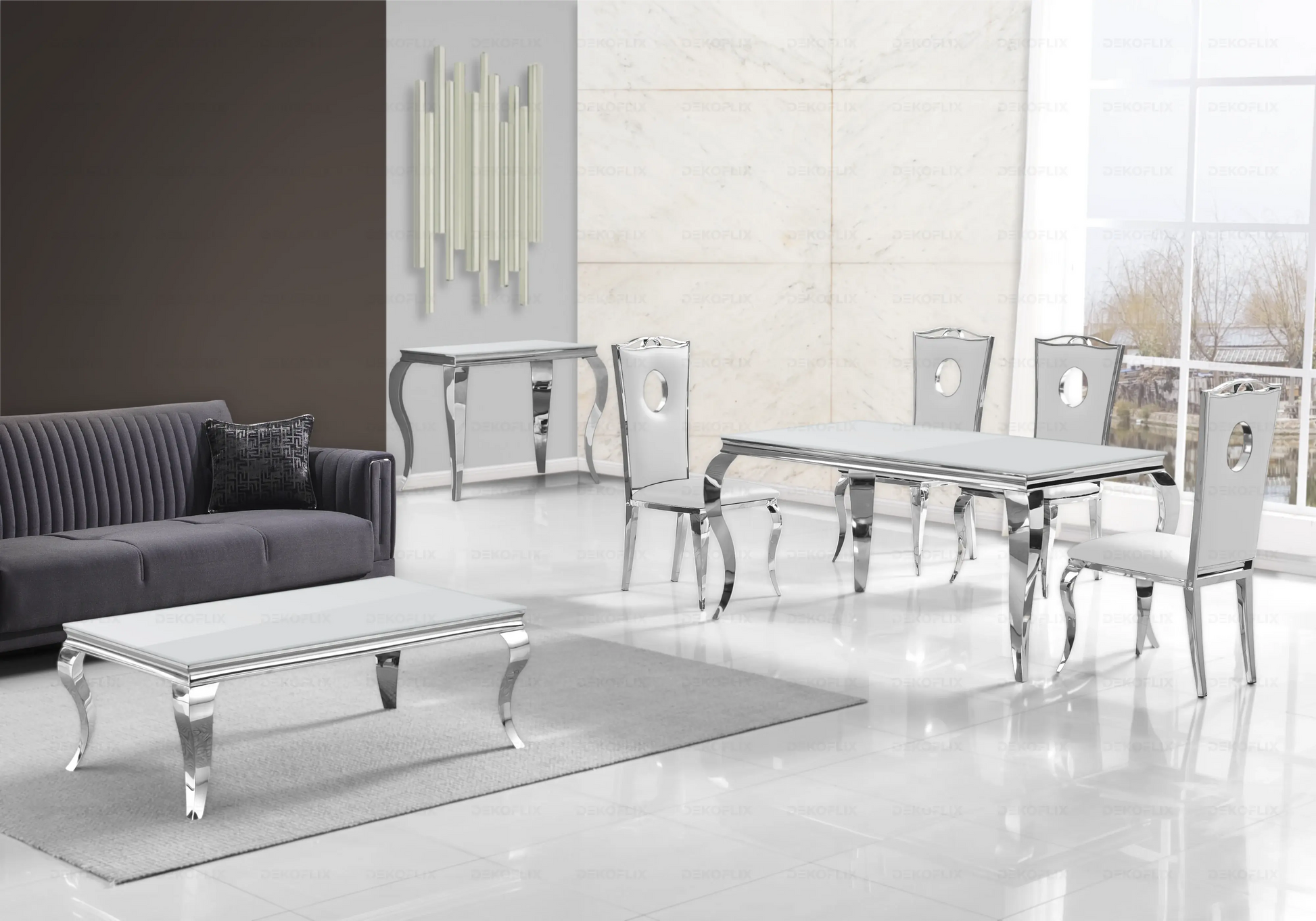 Salle à manger verre blanc chaises simili-cuir blanc argent – NEO New Design
