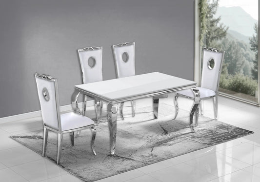 Salle à manger verre blanc chaises simili-cuir blanc argent – NEO New Design