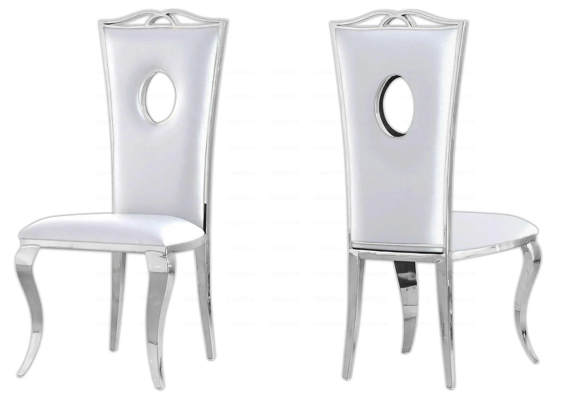 Salle à manger marbre gris chaises simili-cuir blanc argent - NEO New Design