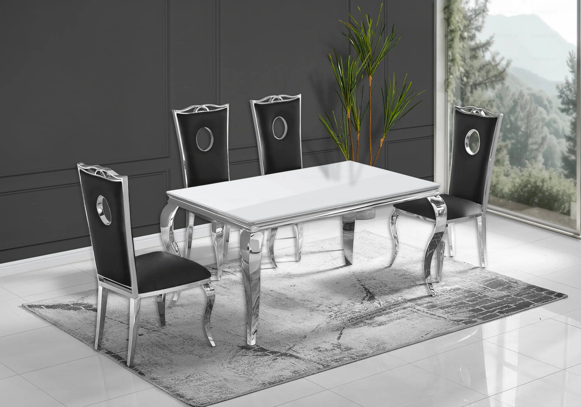 Salle à manger verre blanc chaises simili-cuir noir argent - NEO New Design