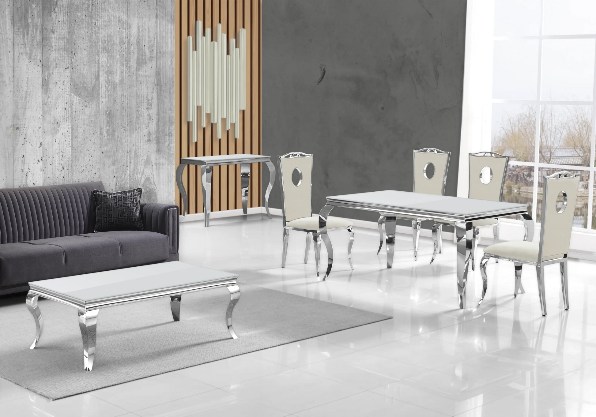 Salle à manger verre blanc chaises velours beige argent - NEO New Design