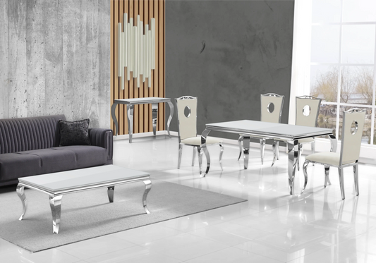 Salle à manger verre blanc chaises velours beige argent - NEO New Design