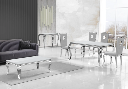 Salle à manger verre blanc chaises velours gris argent - NEO New Design
