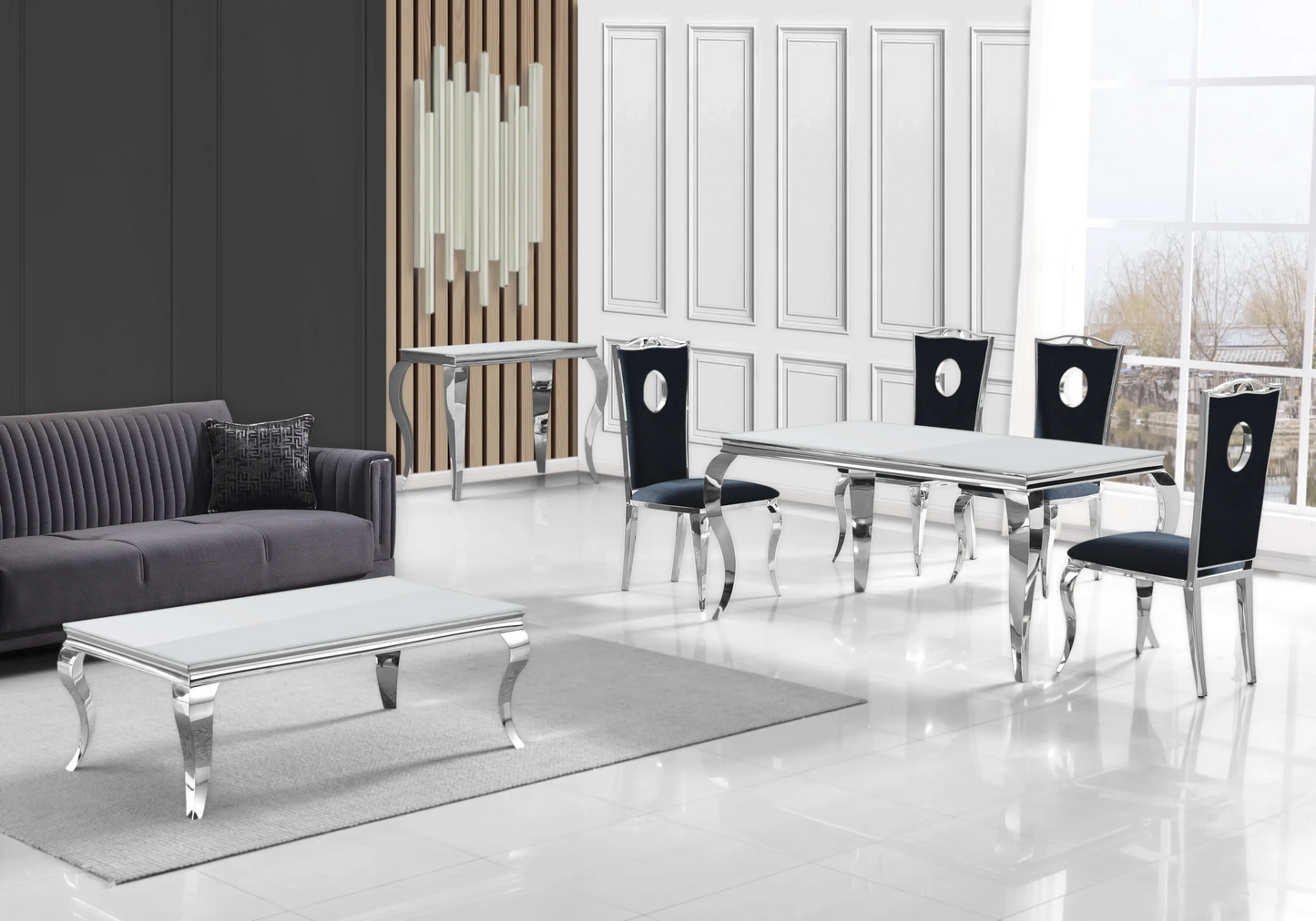 Salle à manger verre blanc chaises velours noir argent - NEO New Design