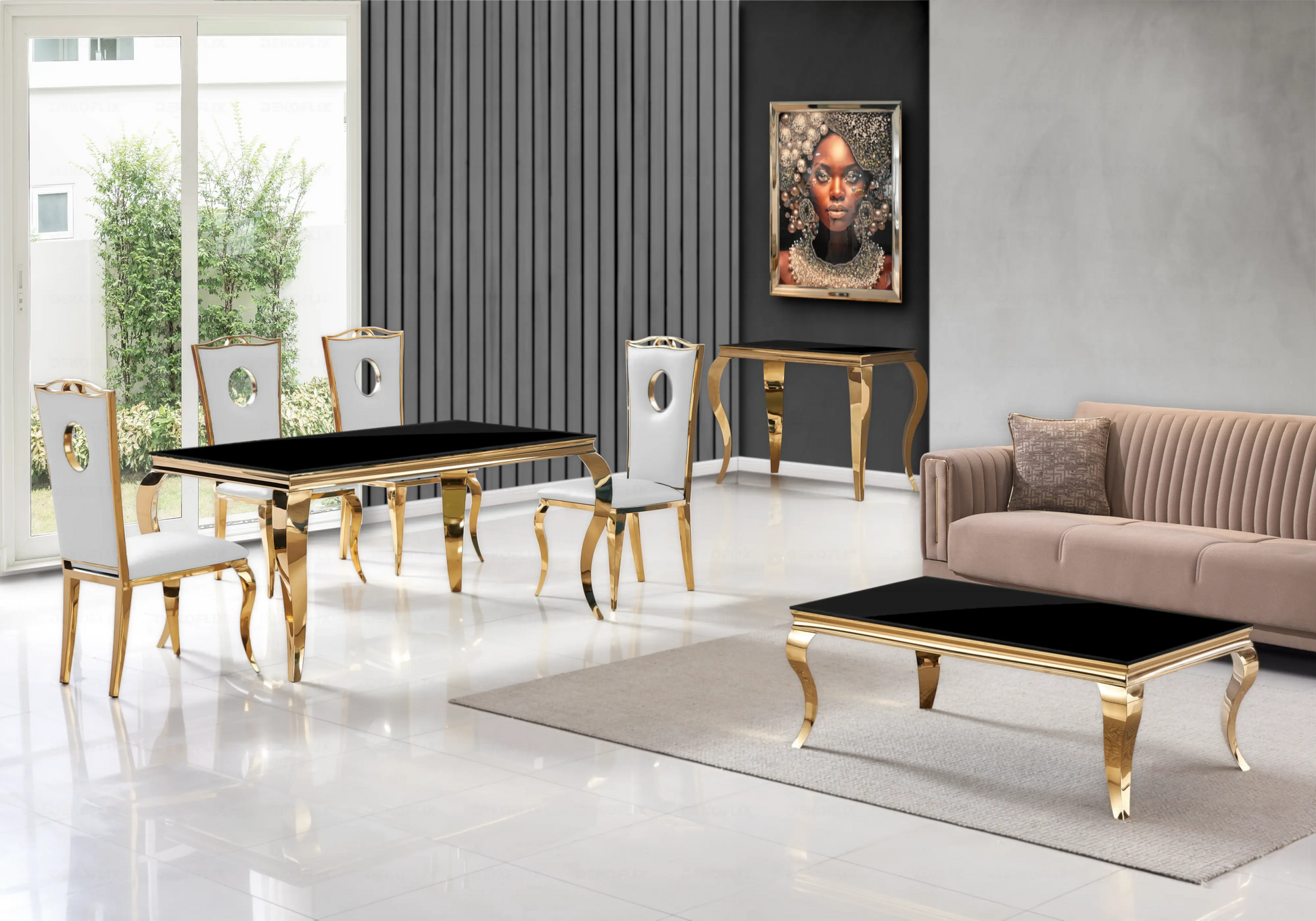 Salle à manger verre noir chaises simili-cuir blanc doré - NEO New Design