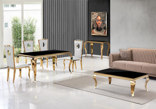 Salle à manger verre noir chaises simili-cuir blanc doré - NEO New Design