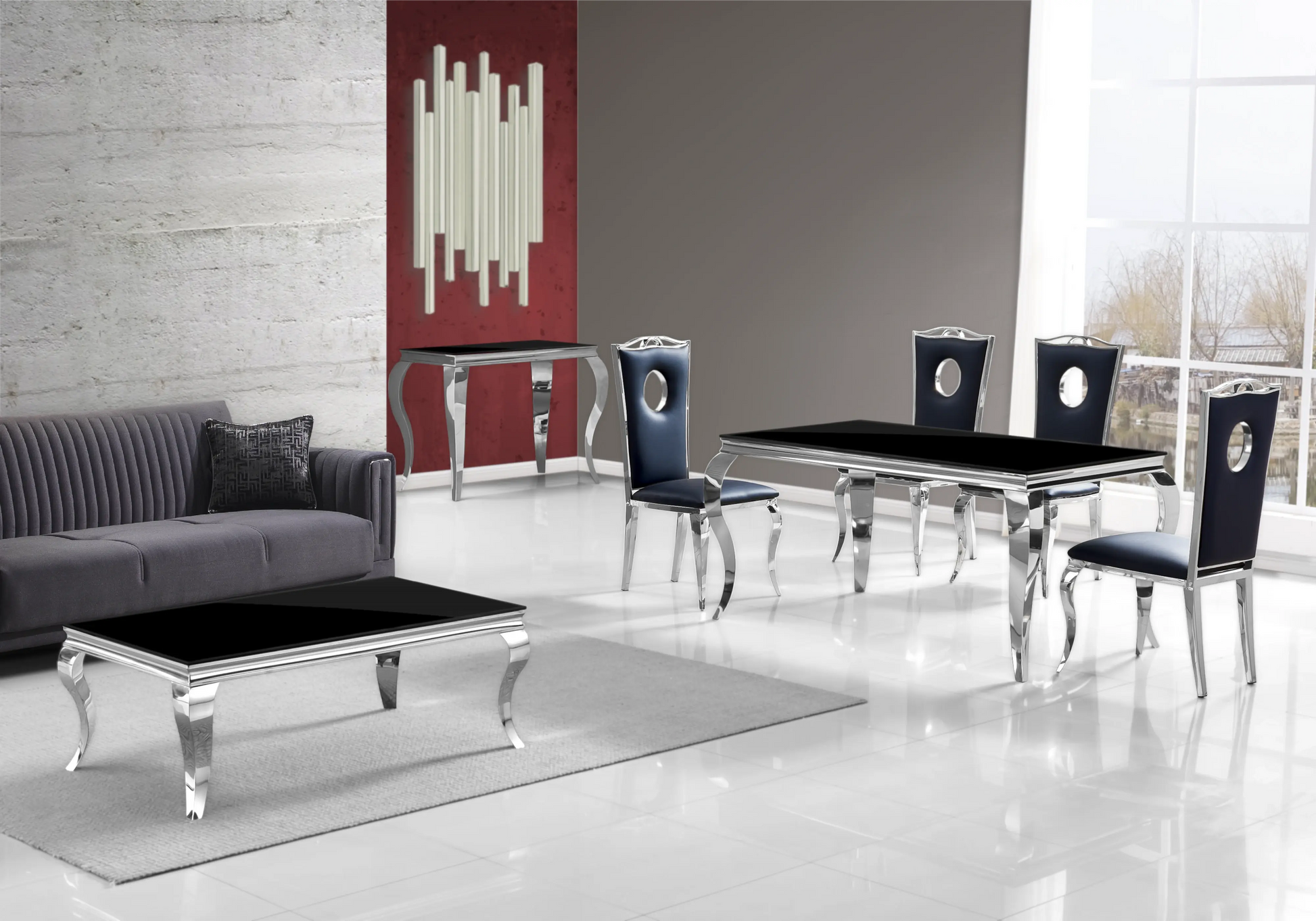 Salle à manger verre noir chaises simili-cuir noir argent - NEO New Design