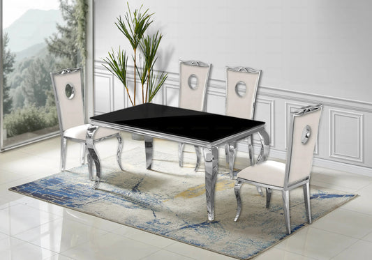 Salle à manger verre noir chaises velours beige argent - NEO New Design
