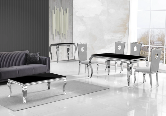 Salle à manger verre noir chaises velours gris argent - NEO New Design