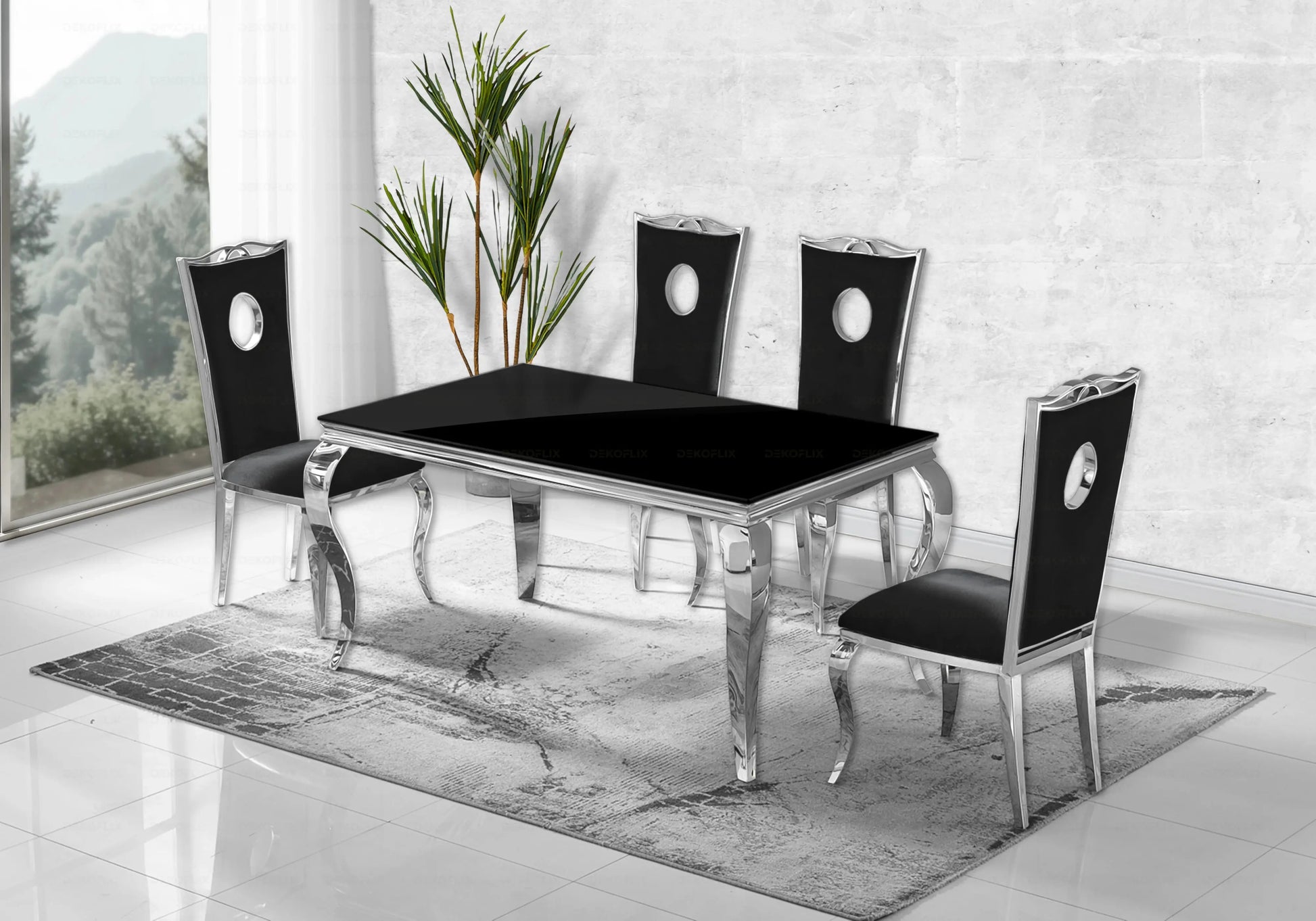 Salle à manger verre noir chaises velours noir argent - NEO New Design