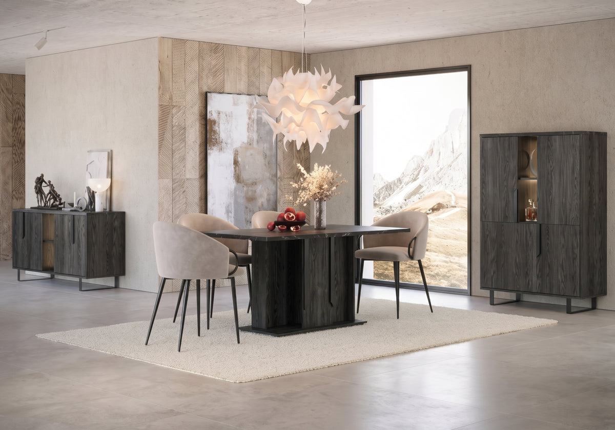 Salle à manger complète bois et marbre noir - Orion