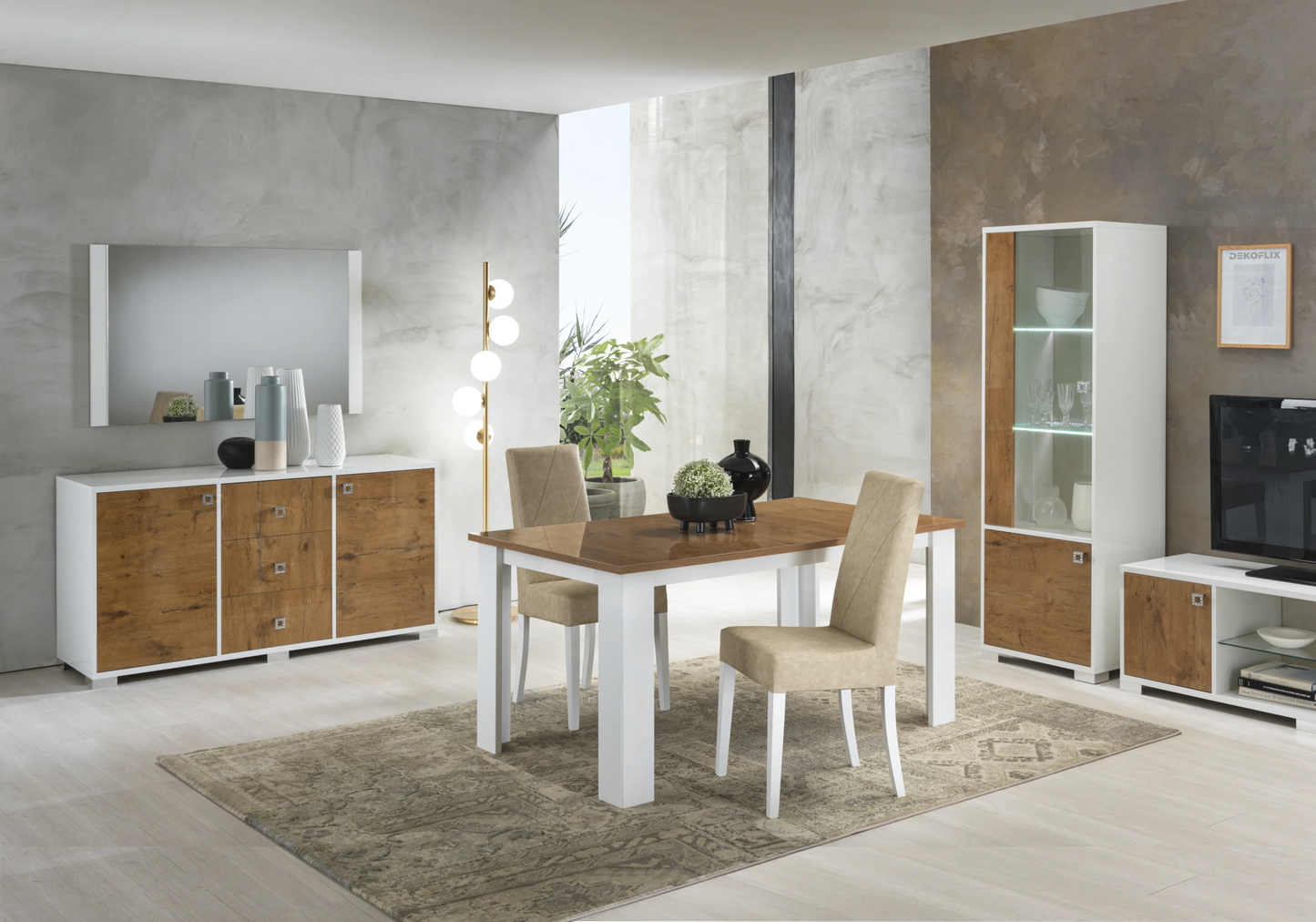 Salle à manger laquée blanc & bois naturel – SARAH