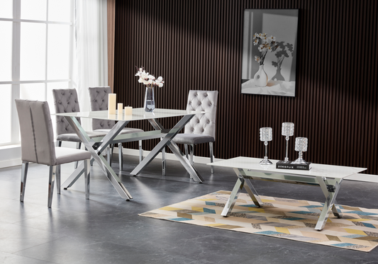 Salle à manger marbre blanc pieds X argent – Cross