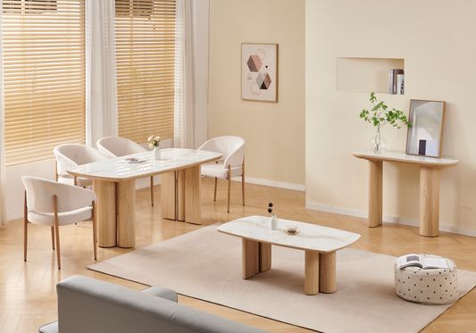 Salle à manger complète marbre beige et bois – Doria