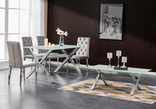 Salle à manger verre trempé pieds X argent – Cross