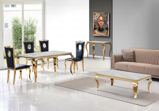 Salle à manger marbre beige chaises simili-cuir noir doré - NEO