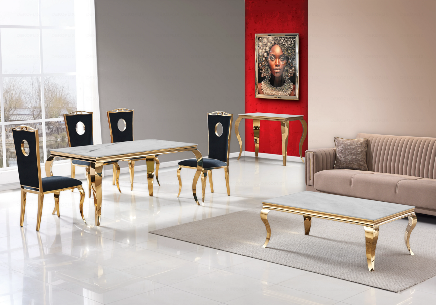 Table marbre beige et chaises velours noir doré – NEO