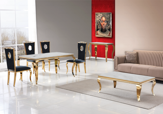 Salle à manger marbre beige chaises velours noir doré - NEO