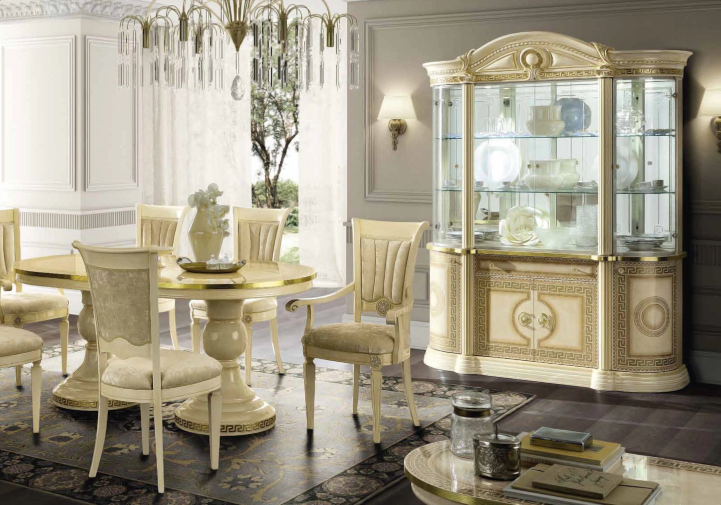 Salle à manger ovale baroque ivoire et or versace – IMPERIA