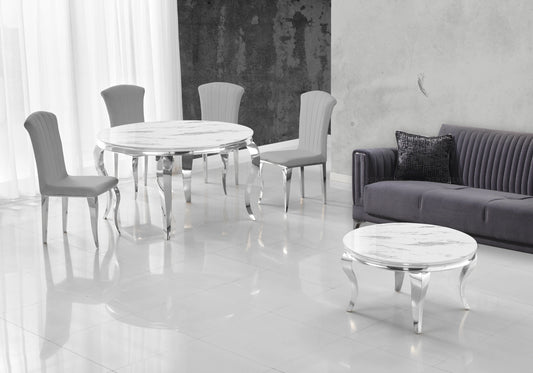 Table ronde marbre blanc et chaises ardoise argentés – NEO