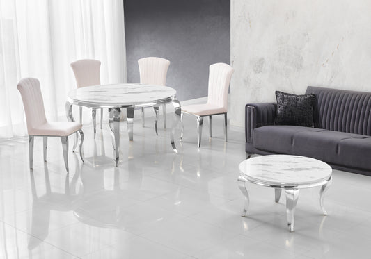 Salle à manger ronde marbre blanc pieds argentés chaises écru – NEO