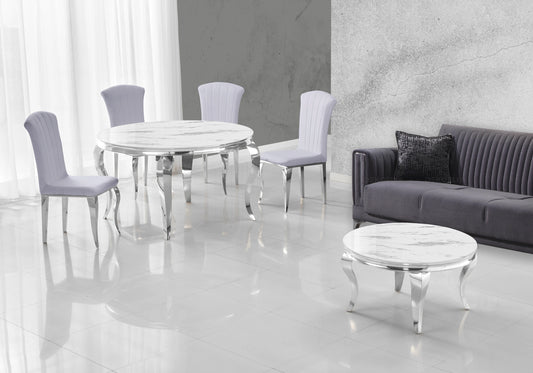 Salle à manger ronde marbre blanc argent – Neo