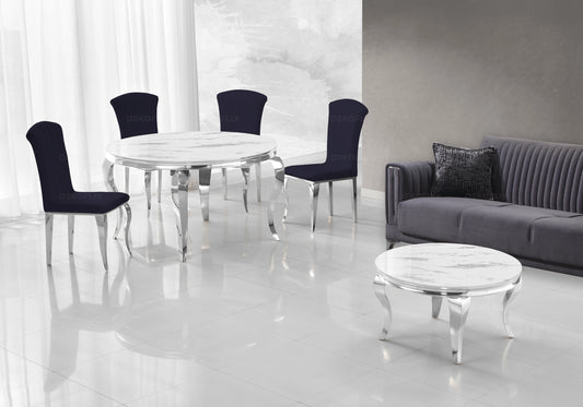 Table ronde marbre blanc et chaises noir argentés – NEO