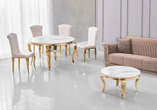 Table ronde marbre blanc et chaises beige dorée – NEO