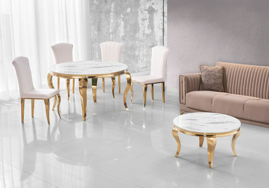Table ronde marbre blanc et chaises écru dorée – NEO