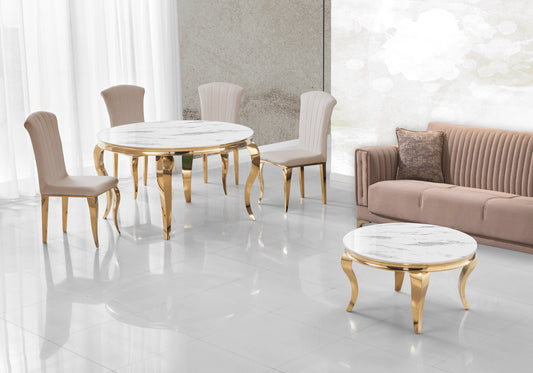 Salle à manger ronde marbre blanc pieds dorés chaises taupe – NEO