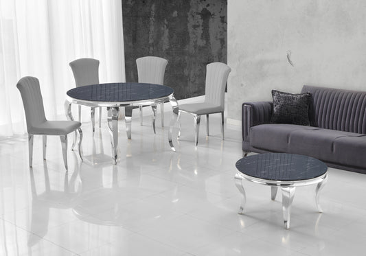 Table ronde marbre noir et chaises ardoise argentés – NEO