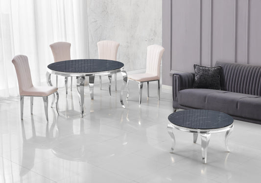 Table ronde marbre noir et chaises beige argentés – NEO