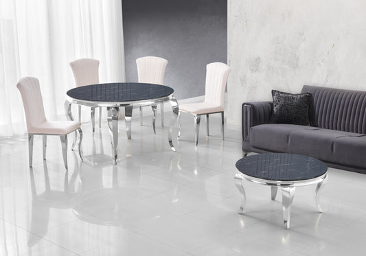 Salle à manger ronde marbre noir pieds argentés chaises écru – NEO