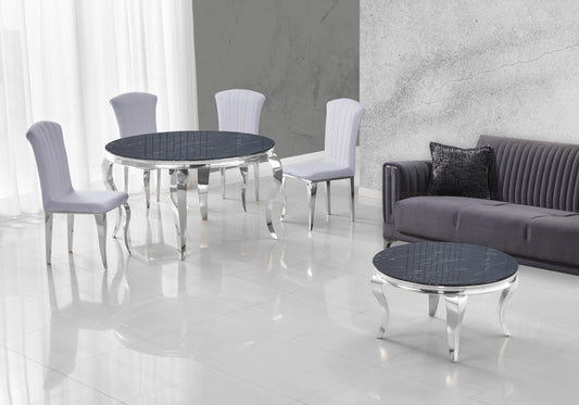 Table ronde marbre noir et chaises gris argentés – NEO