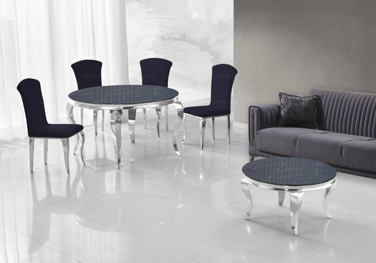 Table ronde marbre noir et chaises noir argentés – NEO