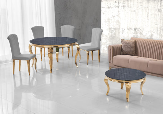 Salle à manger ronde marbre noir pieds dorés chaises ardoise – NEO