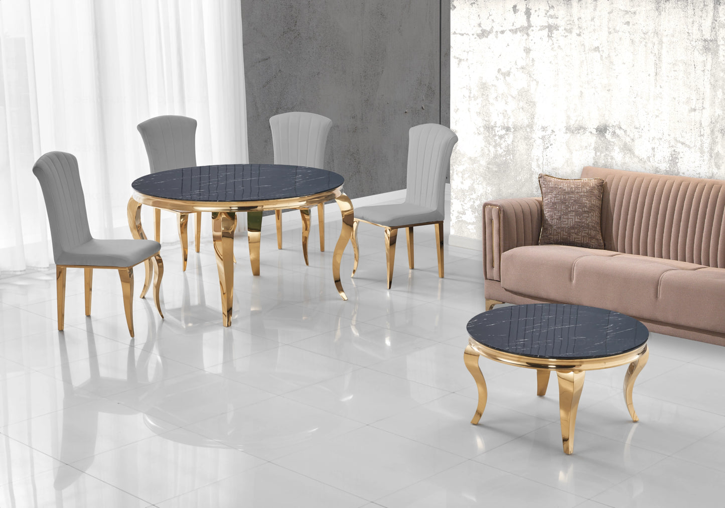 Table ronde marbre noir et chaises ardoise dorée – NEO