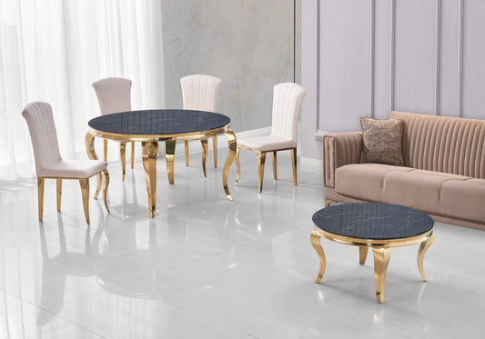 Table ronde marbre noir et chaises beige dorée – NEO